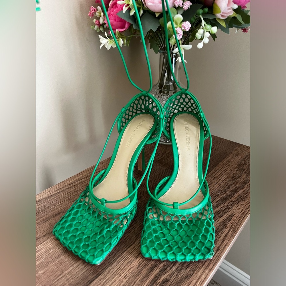 Bottega Veneta Green Lace Up Strappy Fishnet Heels